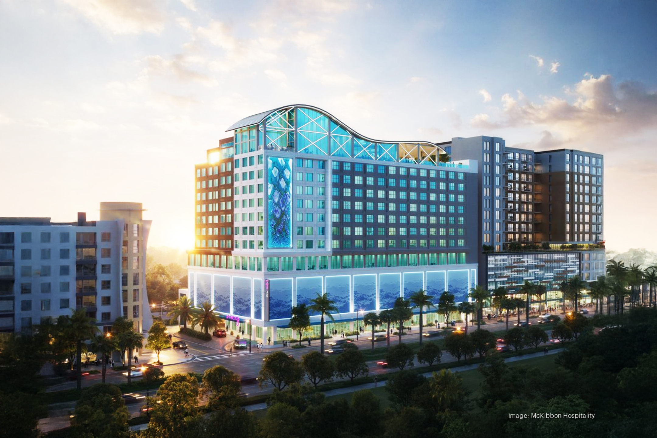 Rendering of a 13-story dual-brand AC Hotels + Moxy tower with rooftop bar and ground-floor retail at 111 N. Meridian Ave., Tampa.