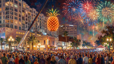 Sarasota Pineapple Drop, Sarasota New Year’s Eve, Downtown Sarasota New Year’s Eve, Pineapple Drop Sarasota 2025, Sarasota fireworks New Year’s Eve, Sarasota NYE events, Sarasota block party New Year’s Eve, Selby Five Points Park events, Sarasota holiday events, things to do New Year’s Eve Sarasota, Sarasota family friendly New Year’s Eve, Sarasota midnight fireworks