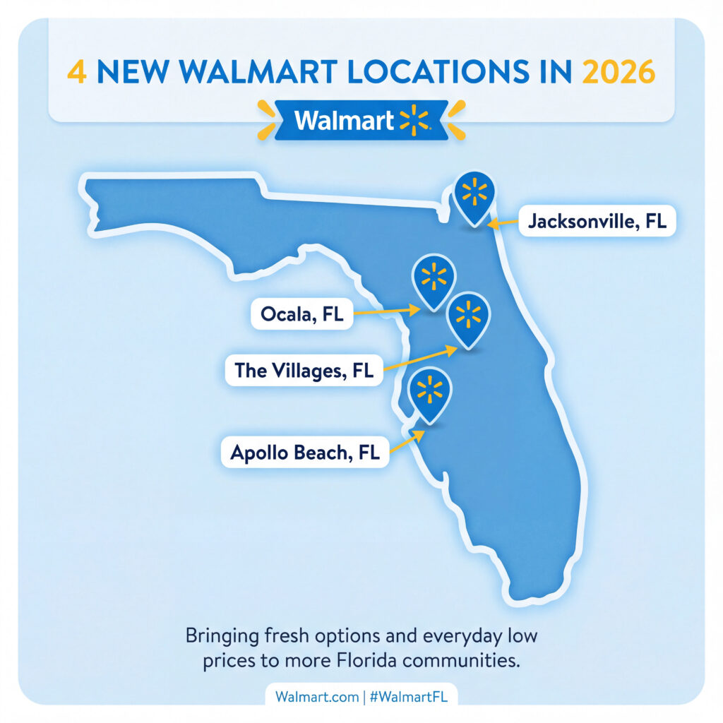 Walmart new stores Florida 2026, Walmart Apollo Beach opening January 14 2026, Walmart Ocala Neighborhood Market 3535 SE Maricamp Road, Walmart Jacksonville Omni Drive OakLeaf, Walmart The Villages Waxman Drive SR 44 Morse Boulevard, new retail openings Florida 2026, Florida retail development, Southwest Florida retail, Central Florida retail, Northeast Florida retail, Walmart expansion 2026