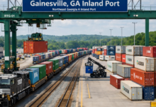 Cargo containers on trains and cranes operating at Gainesville, Georgia inland port