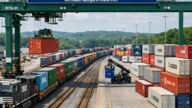 Cargo containers on trains and cranes operating at Gainesville, Georgia inland port