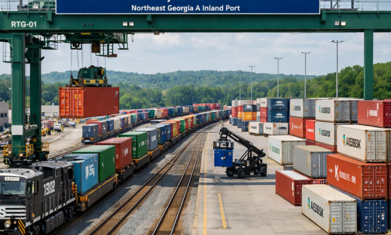 Cargo containers on trains and cranes operating at Gainesville, Georgia inland port