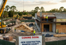 Construction site with workers assembling wooden trusses and welding steel beams for Bayside Bistro