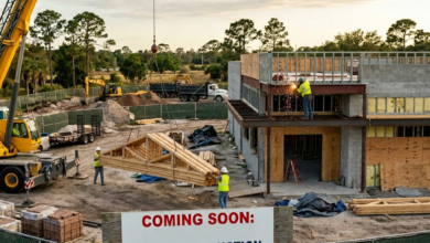 Construction site with workers assembling wooden trusses and welding steel beams for Bayside Bistro