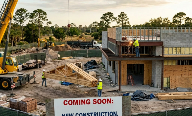 Construction site with workers assembling wooden trusses and welding steel beams for Bayside Bistro