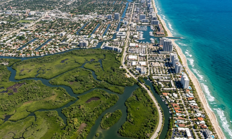 Aerial view of a coastal city bordered by wetlands and the ocean with buildings and waterways