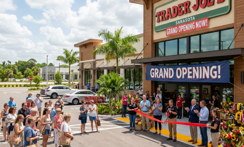 Crowd during Trader Joe's Sarasota grand opening with ribbon cutting ceremony