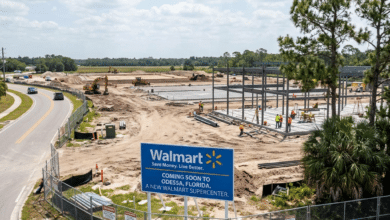 Walmart Supercenter construction site with steel framework and workers in Odessa, Florida