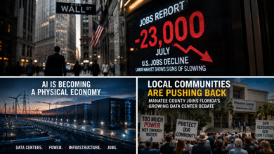 AI data centers Florida, Manatee County data center moratorium, Florida data center development, Sarasota County data centers, AI infrastructure investment, data center power demand, Brookfield AI infrastructure, hyperscale data centers Florida, data center water usage, commercial real estate AI infrastructure, July 2026 jobs report.