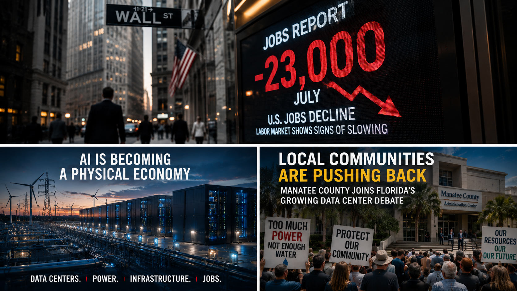 AI data centers Florida, Manatee County data center moratorium, Florida data center development, Sarasota County data centers, AI infrastructure investment, data center power demand, Brookfield AI infrastructure, hyperscale data centers Florida, data center water usage, commercial real estate AI infrastructure, July 2026 jobs report.